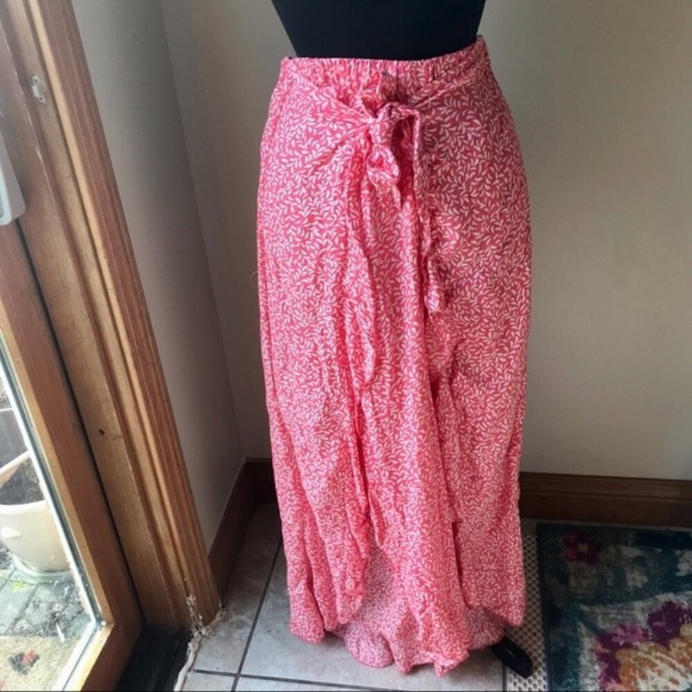 KIWI & PUNCH Wrap Palazzo Pants High Rise Ruffle Pink Leaf Print Size Large